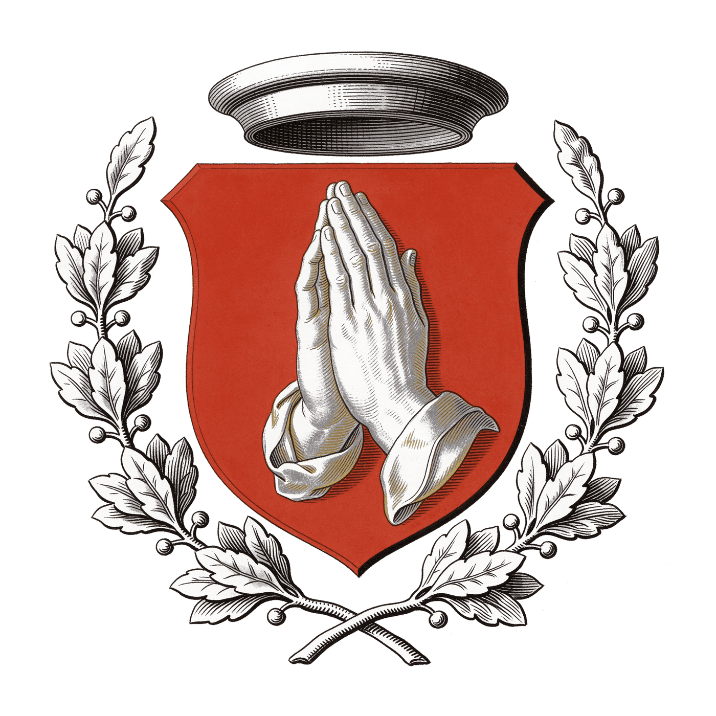 Red heraldic family crest with praying hands framed by a silver laurel wreath
