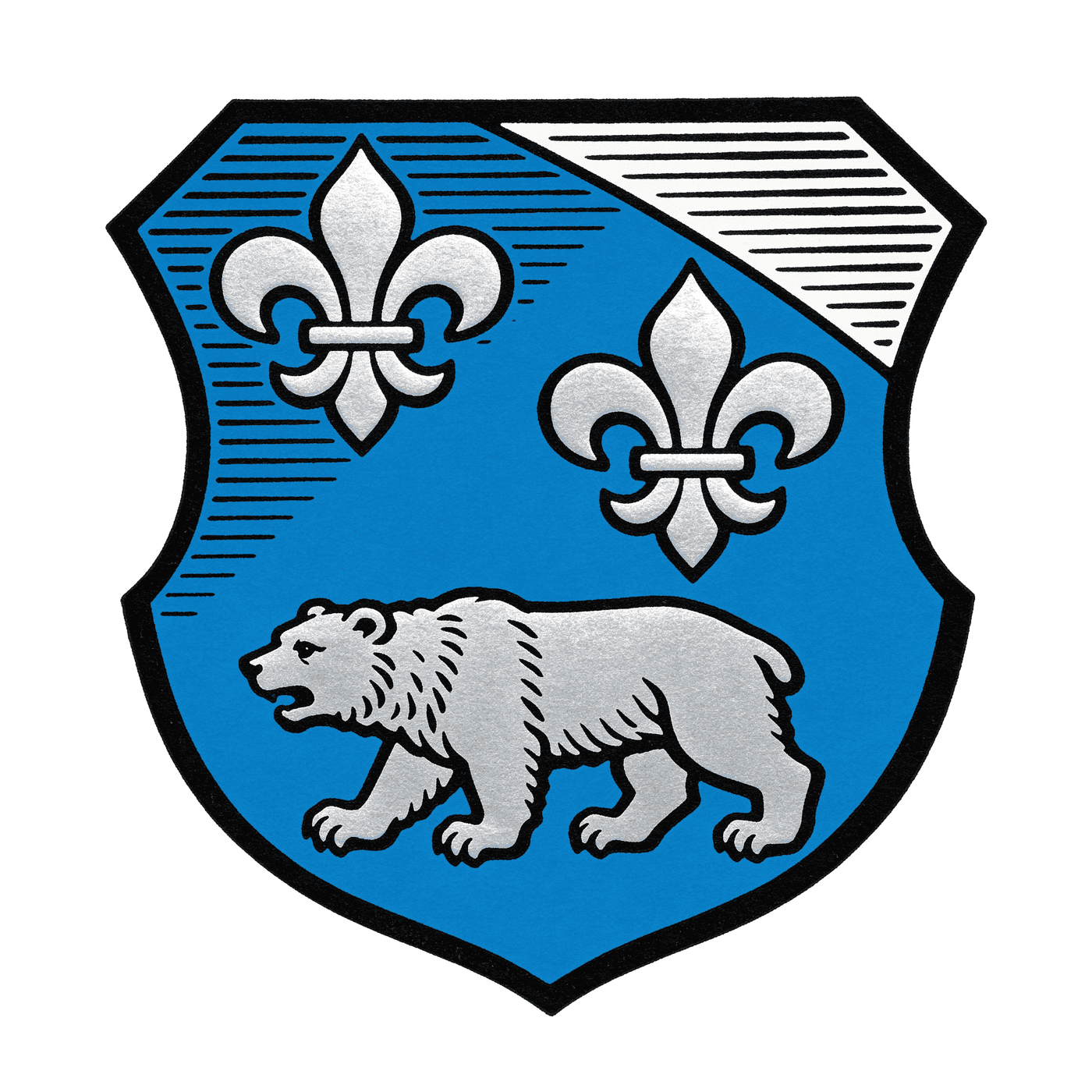 Blue and silver family coat of arms with a walking bear and two fleur-de-lis